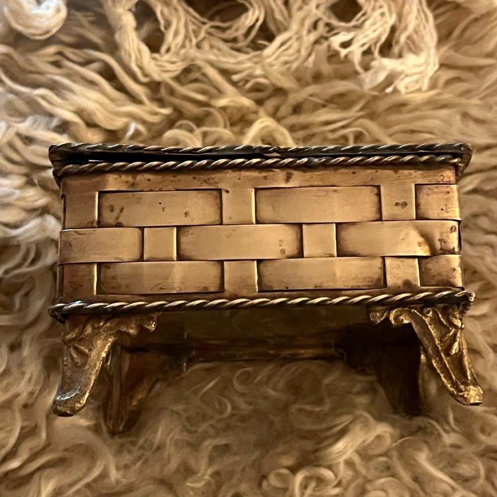 Vintage Brass Woven Basket Hinged Trinket Box with footed feet